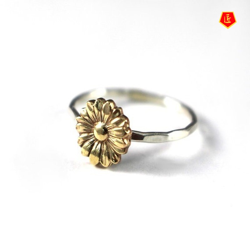 [Ready Stock]Retro Sunflower Silver Ring 18K Gold Simple Sweet