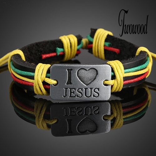 Gelang Tali Rami Adjustable Bahan Kulit Imitasi Motif I LOVE JESUS Untuk Unisex