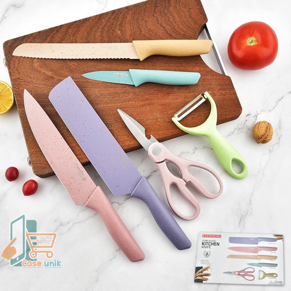 RT84 ONE PISAU KNIFE STAINLESS ANTI LENGKET 1 SET ISI 6 TERMURAH PISAU SET LENGKAP PELAPIS ANTI LENGKET WARNA PASTEL CS3949