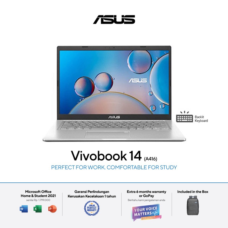 Asus VivoBook A416JAO-VIPS325 Core i3-1005G1/UMA/4G/256G PCIE/HDD HOUSING/VIPS FHD/BLK/OPI/WO SD/WIN