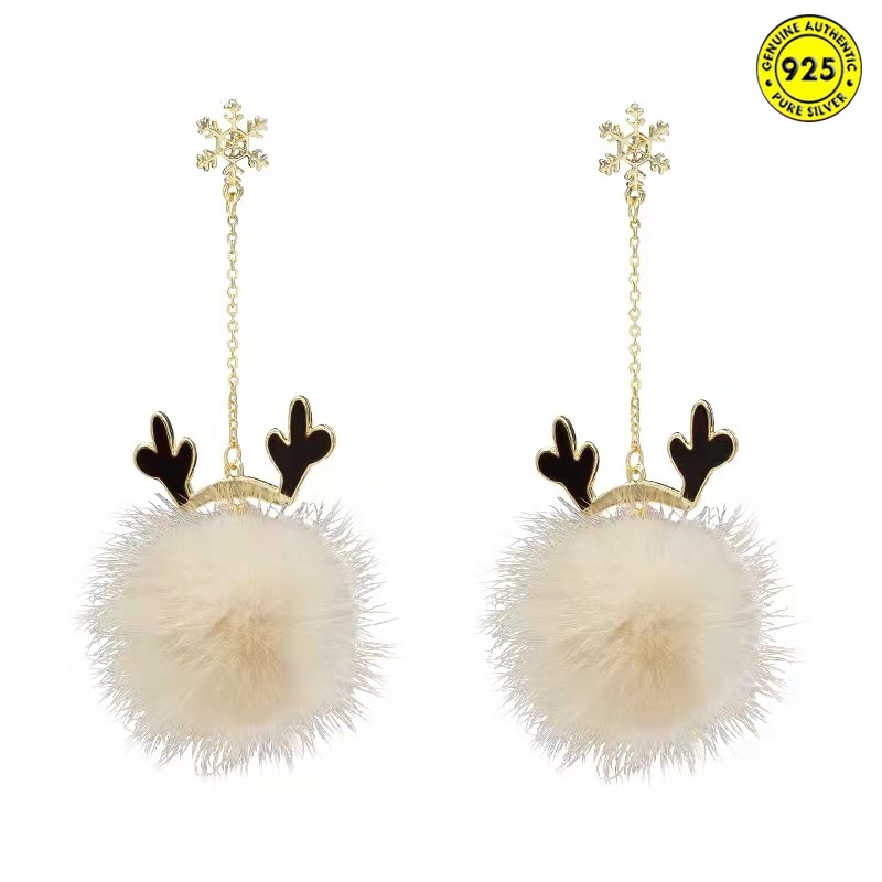 Anting Tusuk Gantung Wanita Desain Snowflakebola Bulu Wol Gaya Musim Gugurdinginnatal Untuk Hadiah