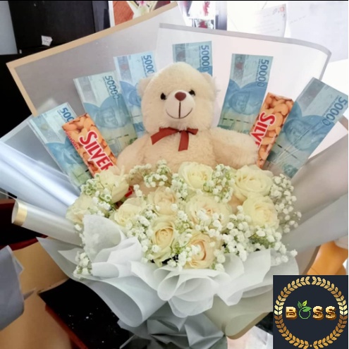 [READY] BONEKA MIX SNACK BOUQUET 2 / BUKET BONEKA + SNACK + UANG ASLI BUKET UANG KEKINIAN