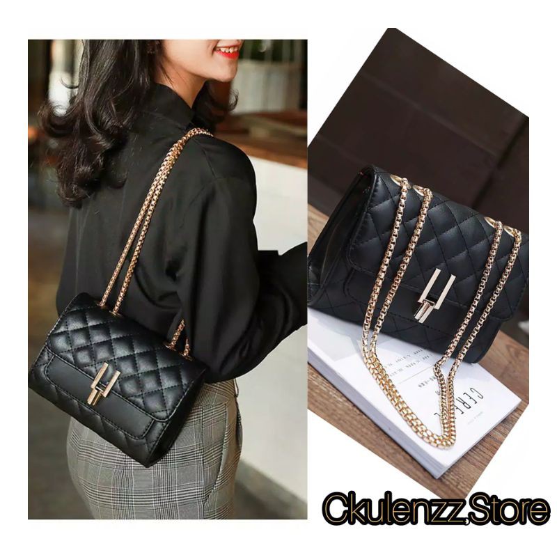 tas selempang wanita - tali rantai - tas import - amora kunci putar