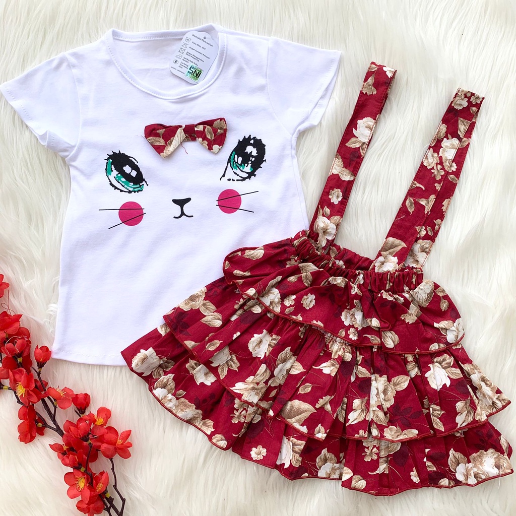 Baju setelan kaos overall dress motif bunga fashion anak bayi cewek perempuan baby girl murah -mii-Overall maroon