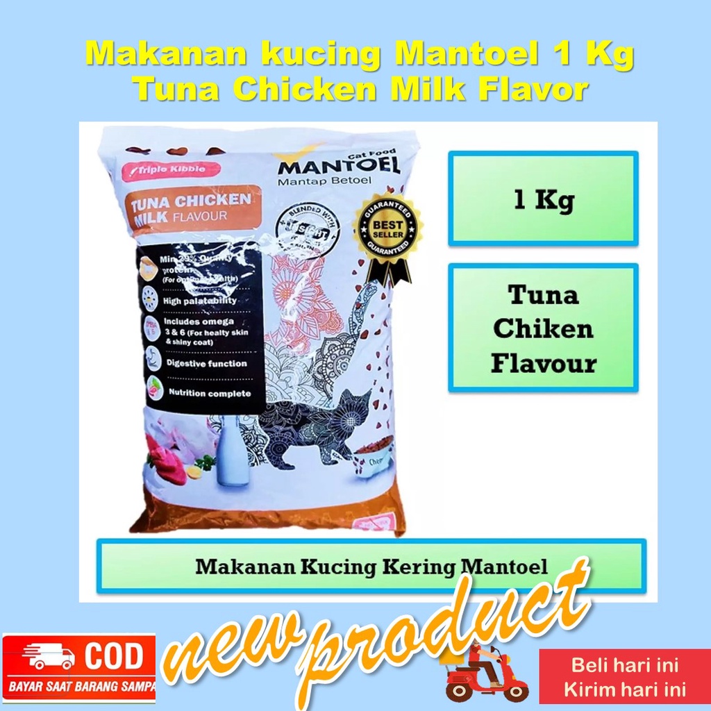 Makanan kucing Mantoel Cat Food Kemasan 1 kg Tuna Chicken Milk Flavour Makanan Kucing Kering