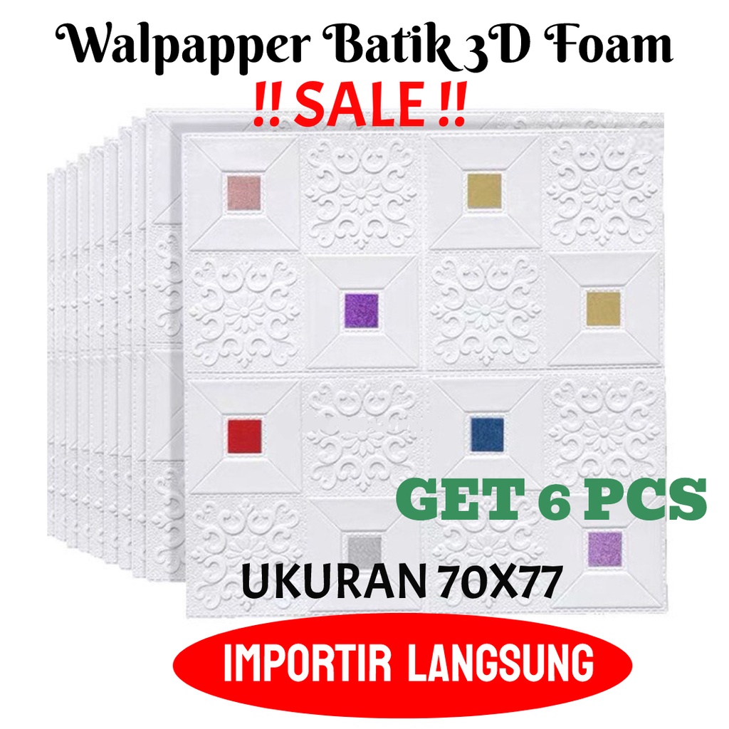 6PC Wallpaper Sticker Foam 3D Batik Kubik 70X70cm Tebal 6mm