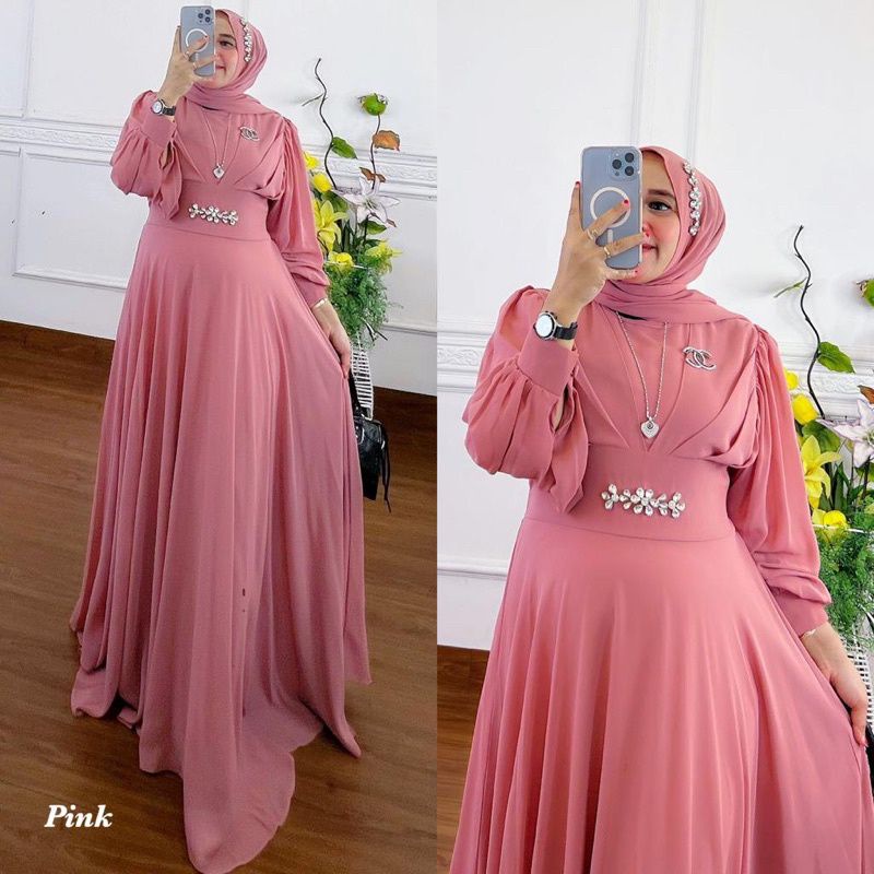 DELIA DRESS ORIGINAL CERUTY PREMIUM SET PASMINA/DRESS MAXY FULL FURRING/GAMIS CERUTY BABYDOLL/GAMIS MUSLIMAH/FAR MOSLEMSTORE