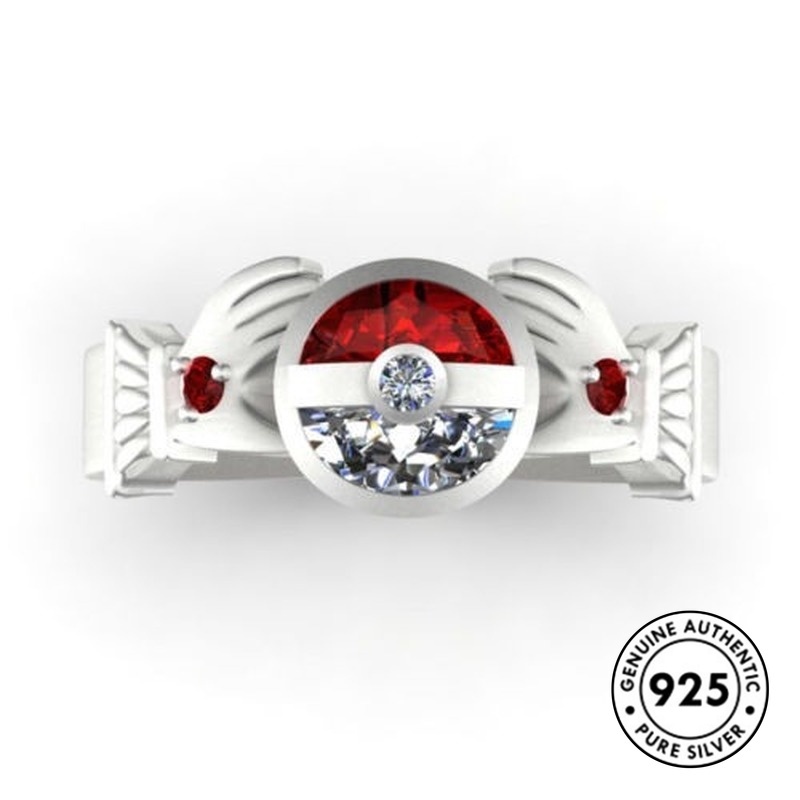 Cincin S925 Silver Bentuk Poke Ball Aksen Berlian