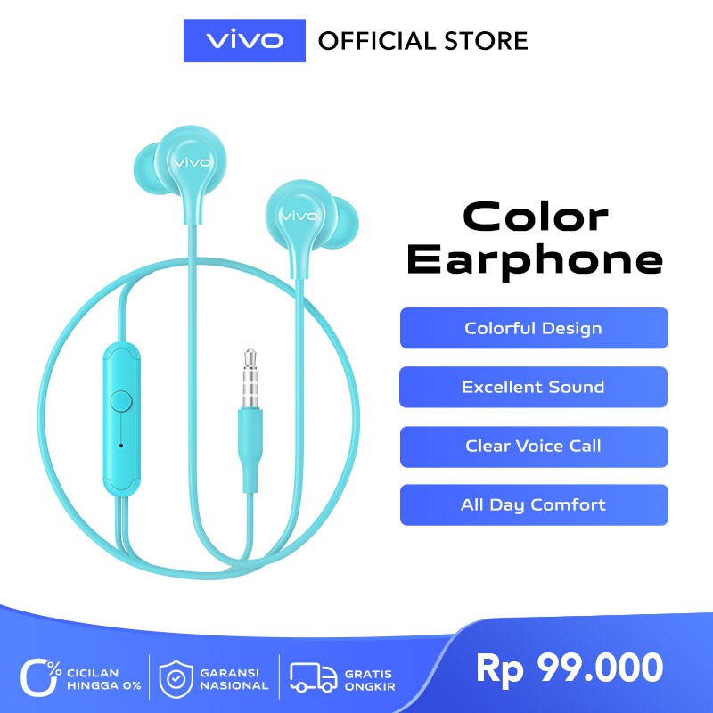 vivo Color Earphone Original [Suara HD Berkualitas, Suara Telpon Jernih] - Garansi Resmi 6 Bulan-Cyan