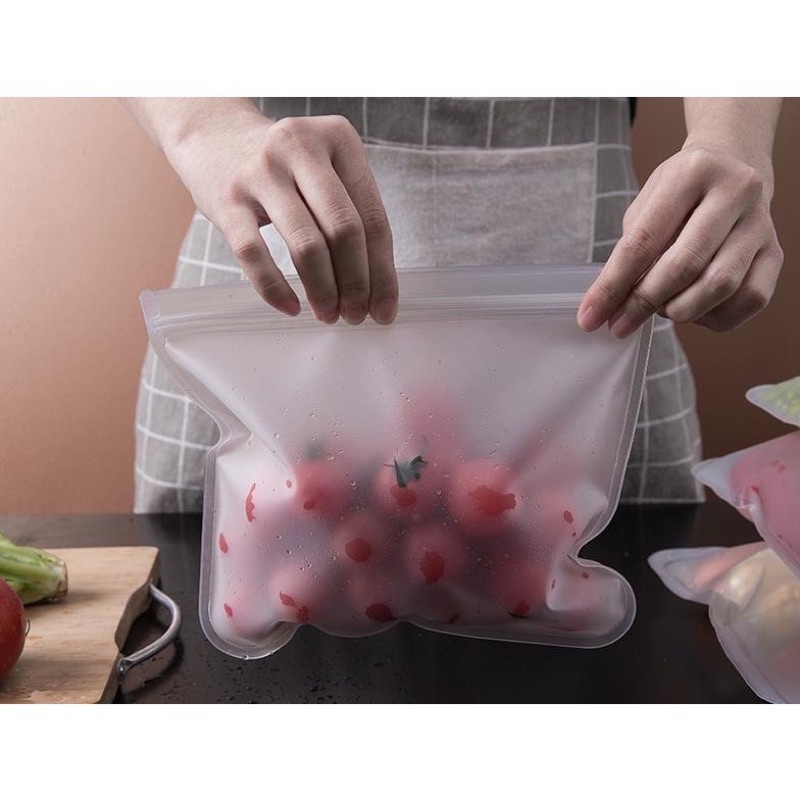 Reusable Silicone Food Bag Kantong Penyimpanan Makanan Kedap Udara Zipper Pouch