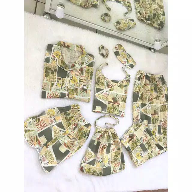 SET PIYAMA SATEN PREMIUM 7IN1 & RAYON 7IN1 READY STOK Kyoro Beauty 7 in 1 - celline-KIMI HIJAU