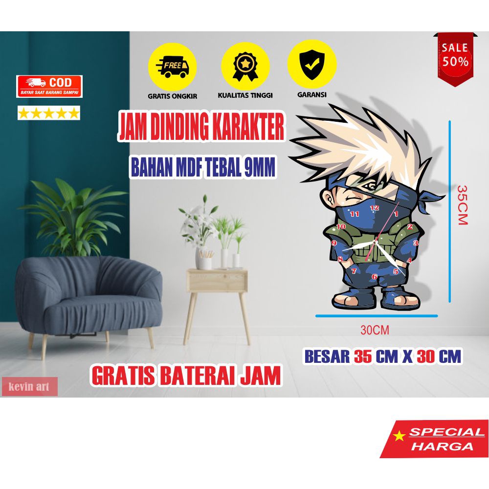 JAM DINDING KAYU UNIK KARAKTER ANAK GAMBAR ANIMASI KAKASHI HATAKE KOLEKSI SERIAL MANGA ANIME NARUTO SHIPPUDEN KEREN TERBARU MINIMALIS MURAH TEMPEL TEMBOK CUSTOM