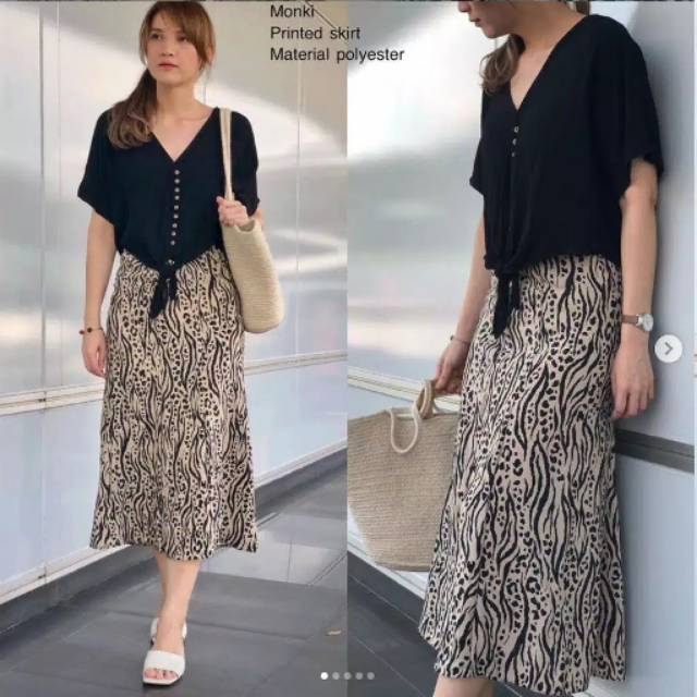 ROK WANITA MIDI LEOP*RD MONKI ORIGINAL MIDI SKIRT PRINT MOTIF LEOPART BRANDED MURAH