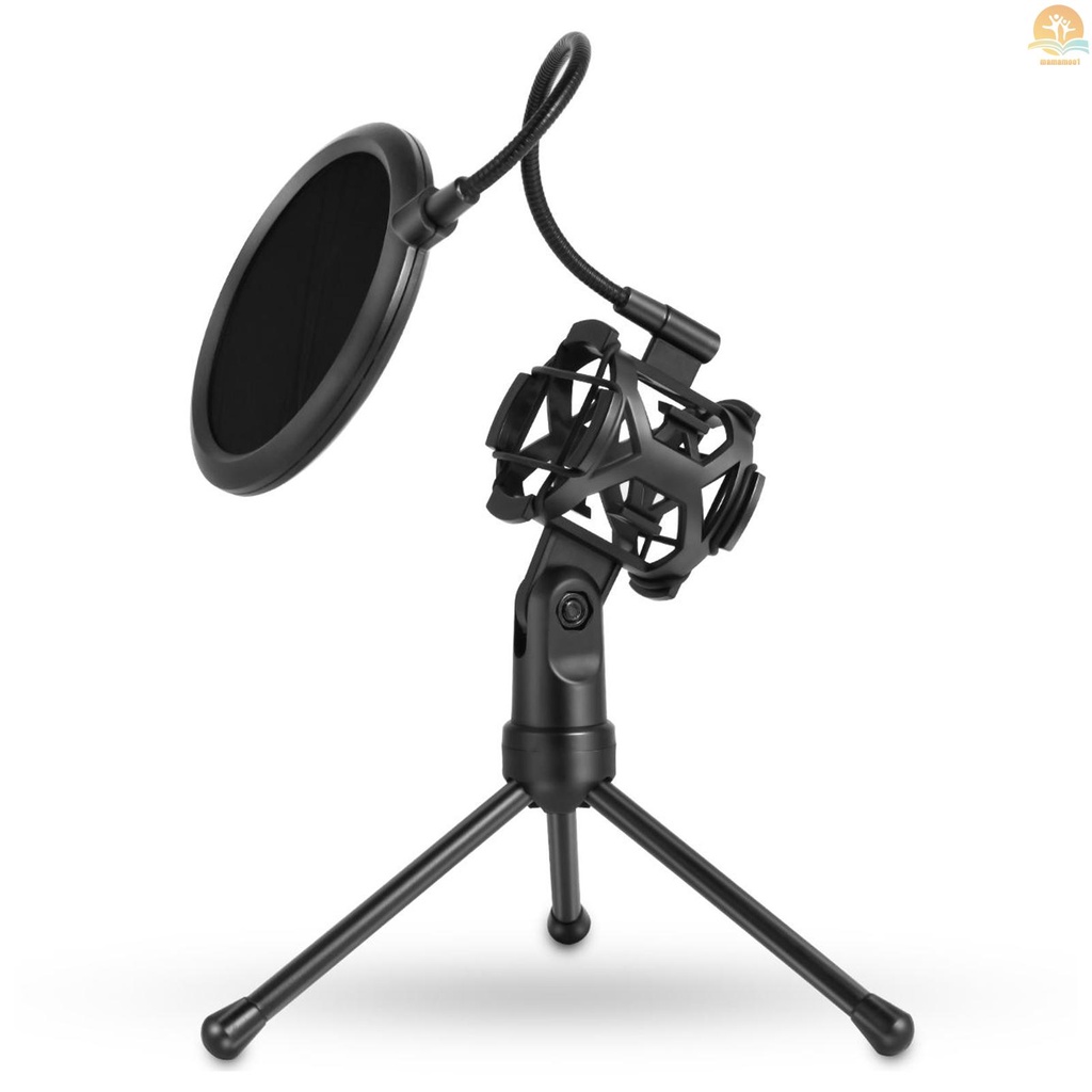 Desktop Microphone Tripod Stand Foldable Mic Stand with Shock Mount Portable Mic Holder Double-Net Pop Filter Gooseneck for Podcasts Internet Chat Meetings Lectures Online Show