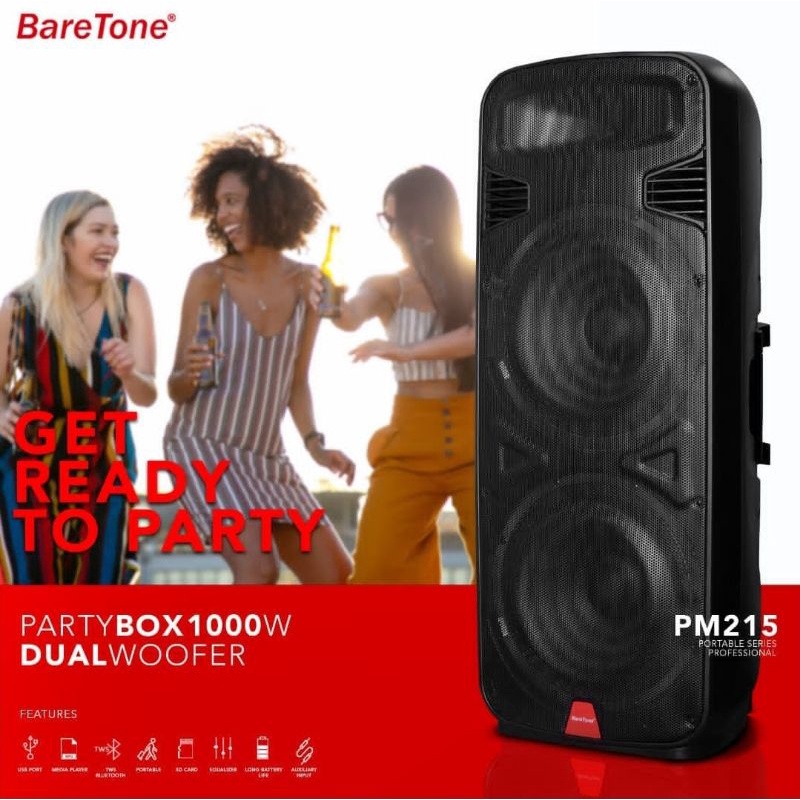 Baretone Aktif 2 Mic Wireless Party Box 15 Inch PM 215 + Lampu Disco