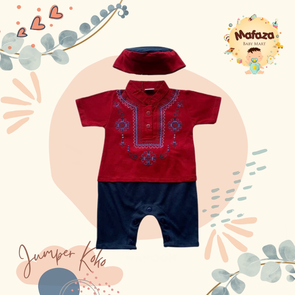 MAFAZABABY Set Jumper Romper Koko Bayi Baju Muslim Anak Bayi Laki-laki Newborn Koko Aqiqah(0-6bulan)-Fahri (maroon)