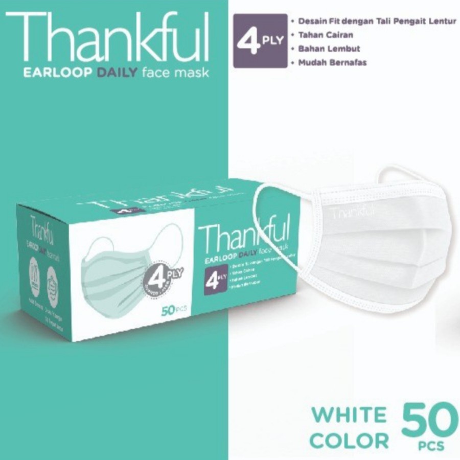 THANKFUL Masker Earloop Daily Mask Dewasa 4 Ply - isi 50 pcs Putih