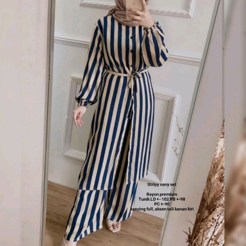 SETELAN PIYAMA WANITA PREMIUM HIGH QUALITY // LD 100 - 110 ONE SET RAYON MOTIF BARU // SET RAYON-Stripy navy long set