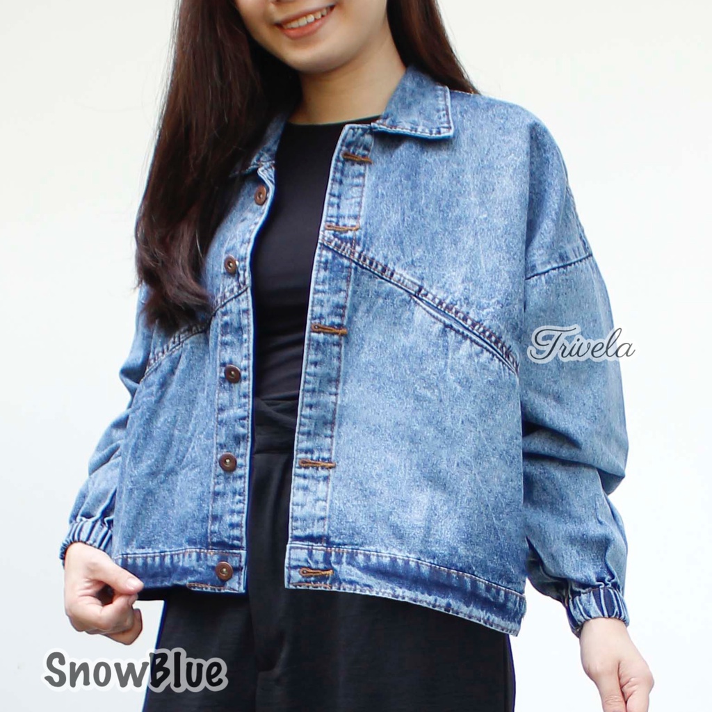 TRIVELA - Jaket Jeans Oversized Karet / Jaket Jeans Vintage Karet / Jaket Vintage Warna Wanita / Jaket Jeans Retro