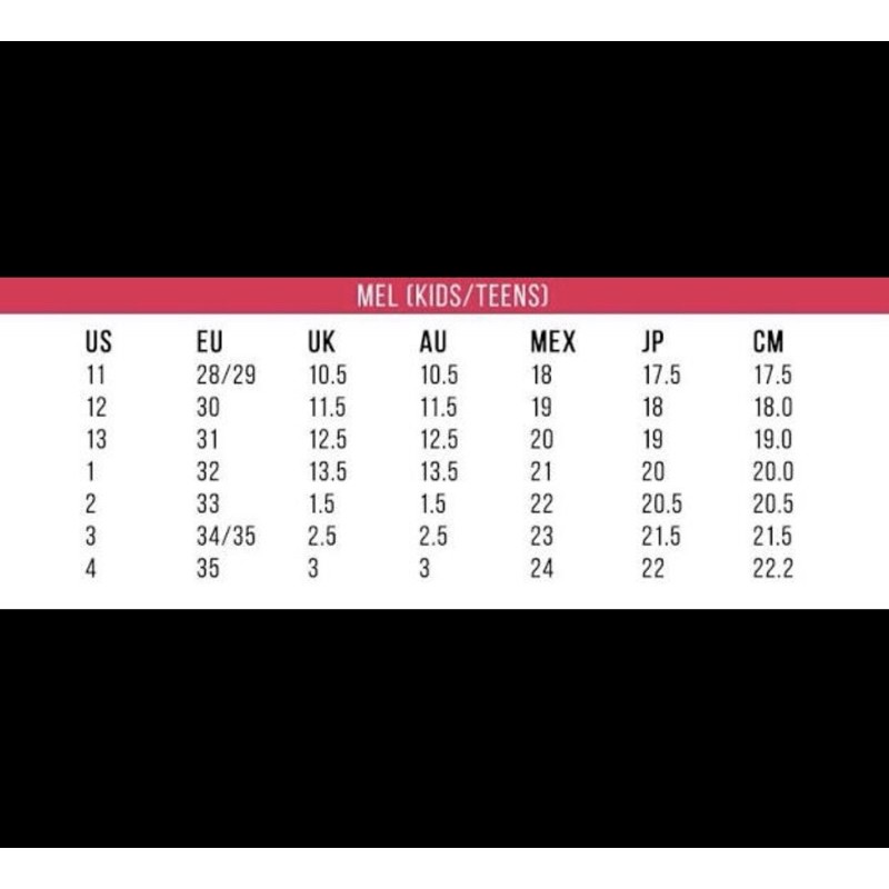 Size chart Mini Mel Melissa