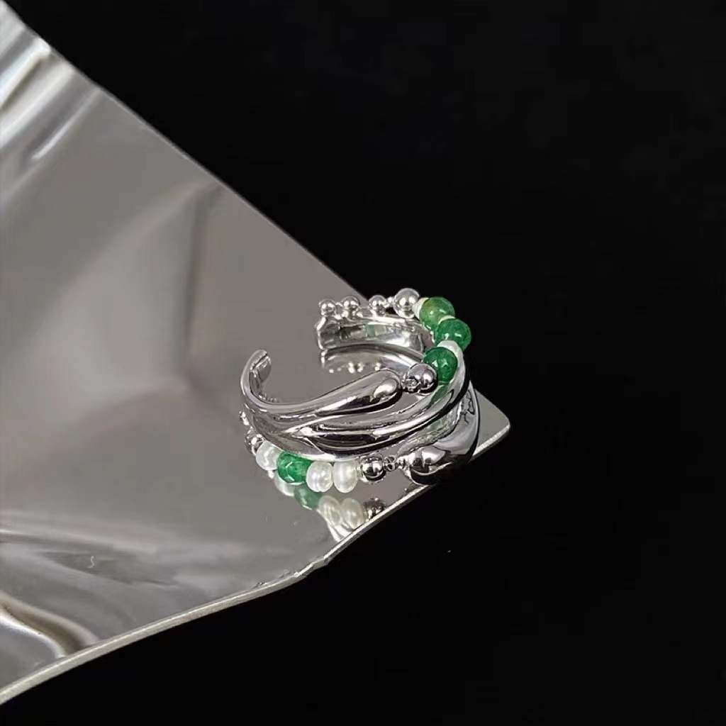 Cincin Model Terbuka Banyak Lapis Aksen Mutiara Warna Hijau