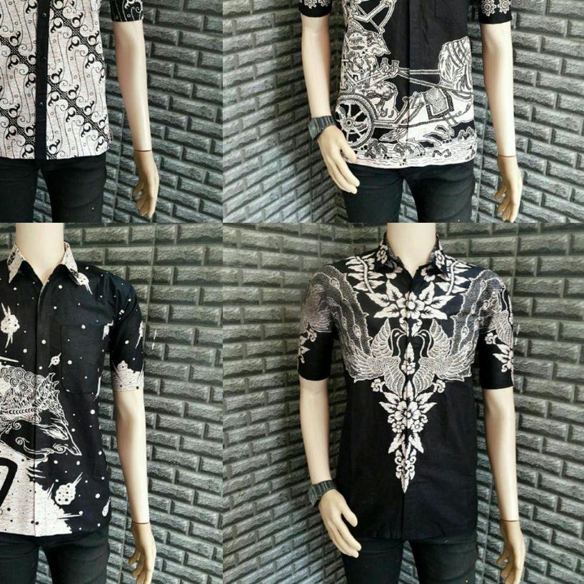 KEMEJA BATIK PRIA LENGAN PENDEK BAJU KERJA KANTOR BAJU BATIK PRIA DEWASA WARNA HITAM PUTIHAN