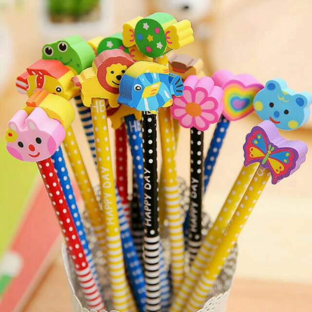 

Set 5pcs Pencil & Eraser Head / Pensil dan Penghapus Unik dan Lucu motif Cartoon