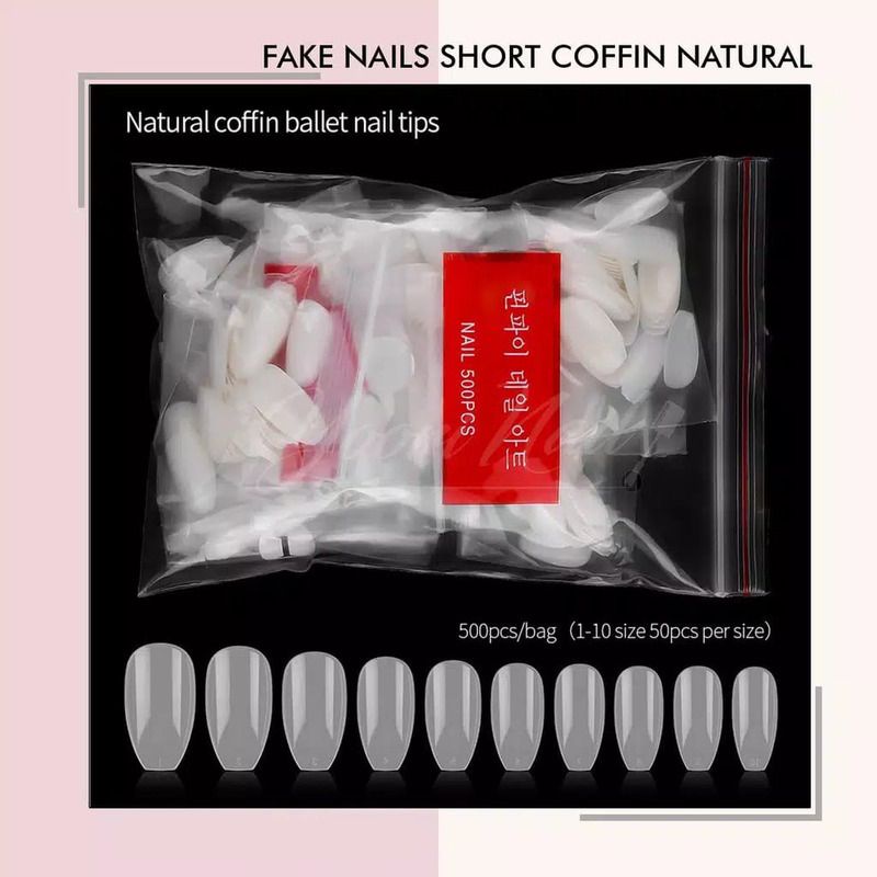 Fake nails coffin ballerina 500pcs kuku palsu coffin pack natural cream clear transparant