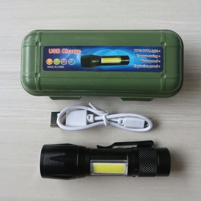 Senter Police Mini XPE + COB LED Zoom, USB Charge