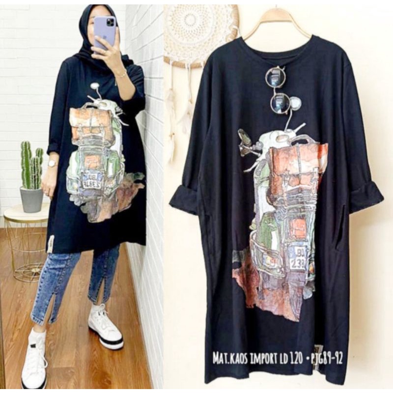Tunik Kaos Vespa wanita tangan panjang oversize