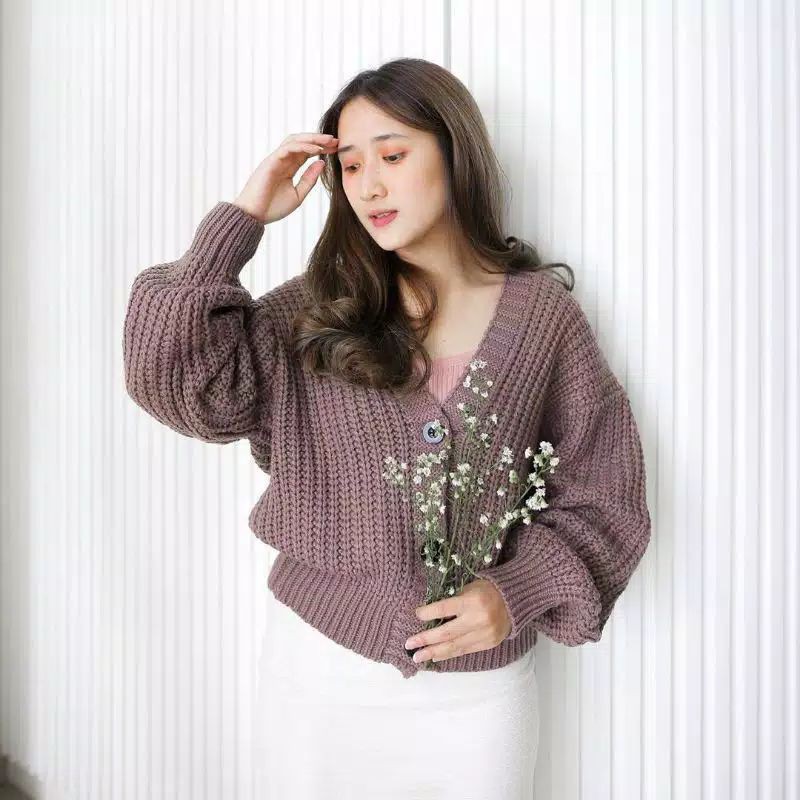 CARDIGAN CROP 7GET RAJUT TEBAL LENGAN PANJANG RICHI.STORE-Burgundy