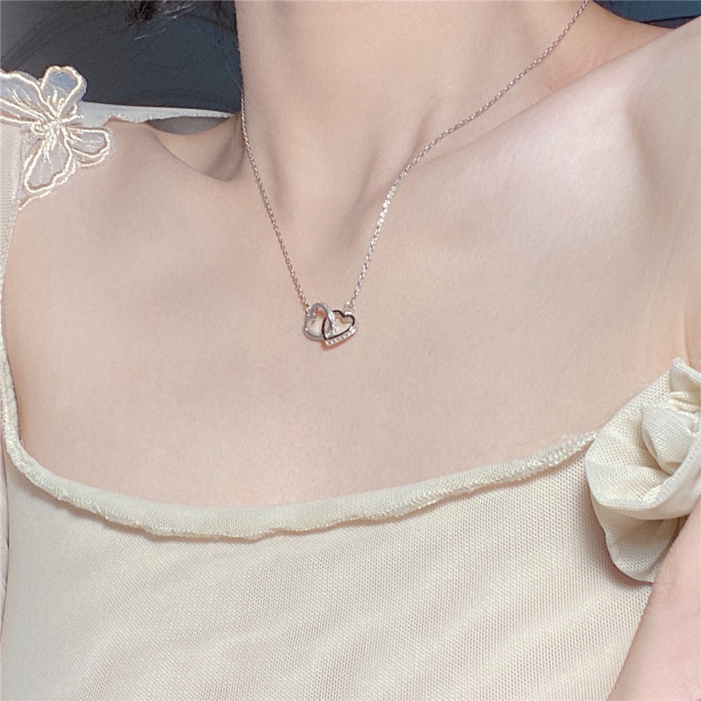 Kalung Rantai Model Double Layer Desain Hati Warna Silver Gaya Korea Untuk Wanita