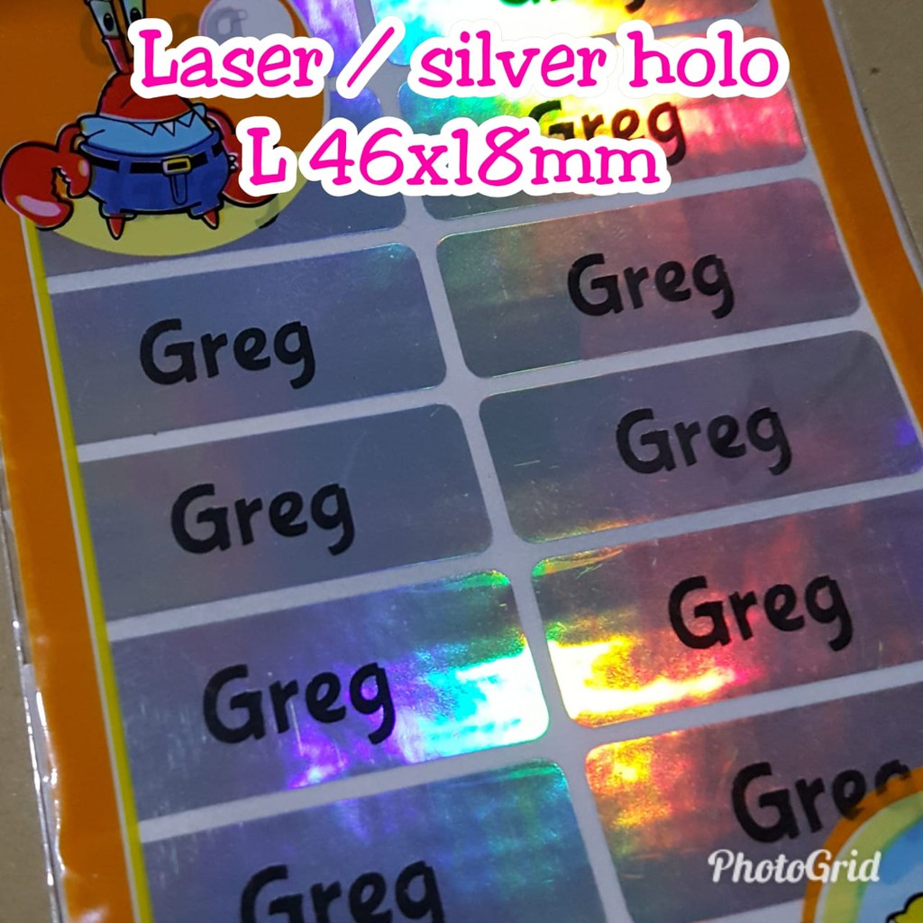 

label nama polos laser holo label nama tahan air tahan lama, nama bisa request
