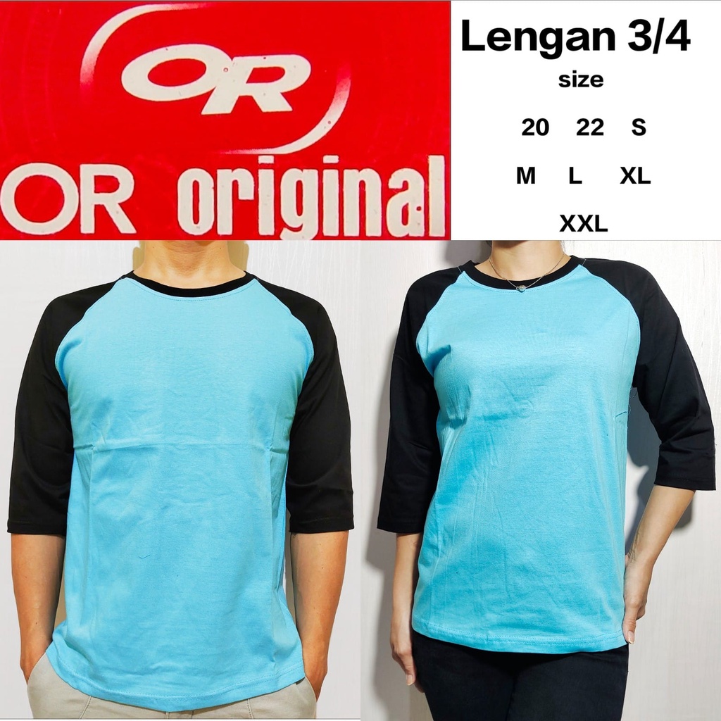 Kaos Polos Raglan Skyblue lengan hitam 3/4 20 22 S M L XL XXL