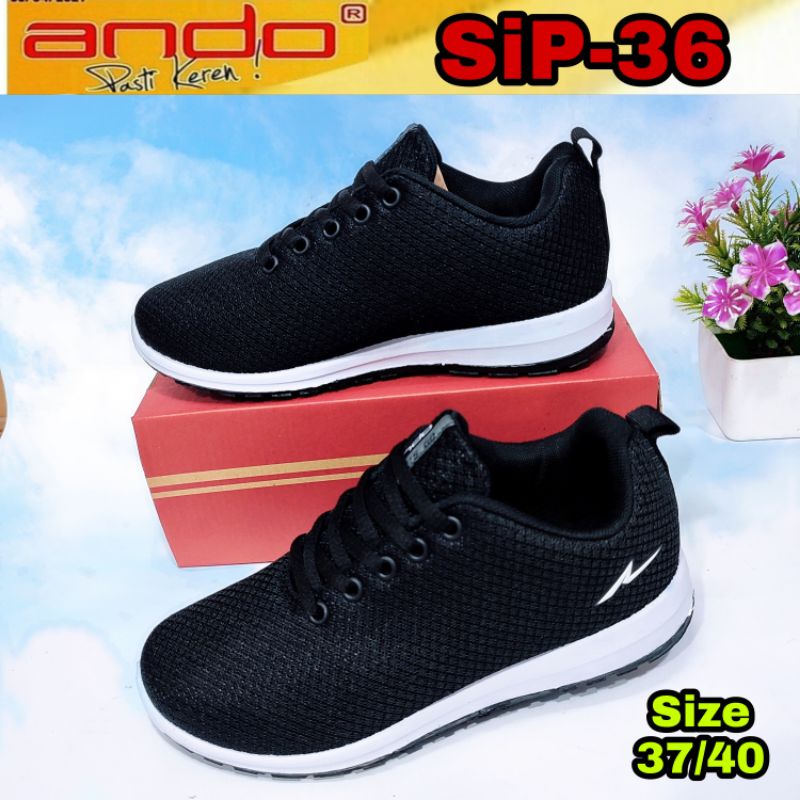 ANDO Sepatu Sekolah Kerja Wanita Cewek Tali Kekinian Hitam Putih Black White Size 37 sd 40 Berkualitas