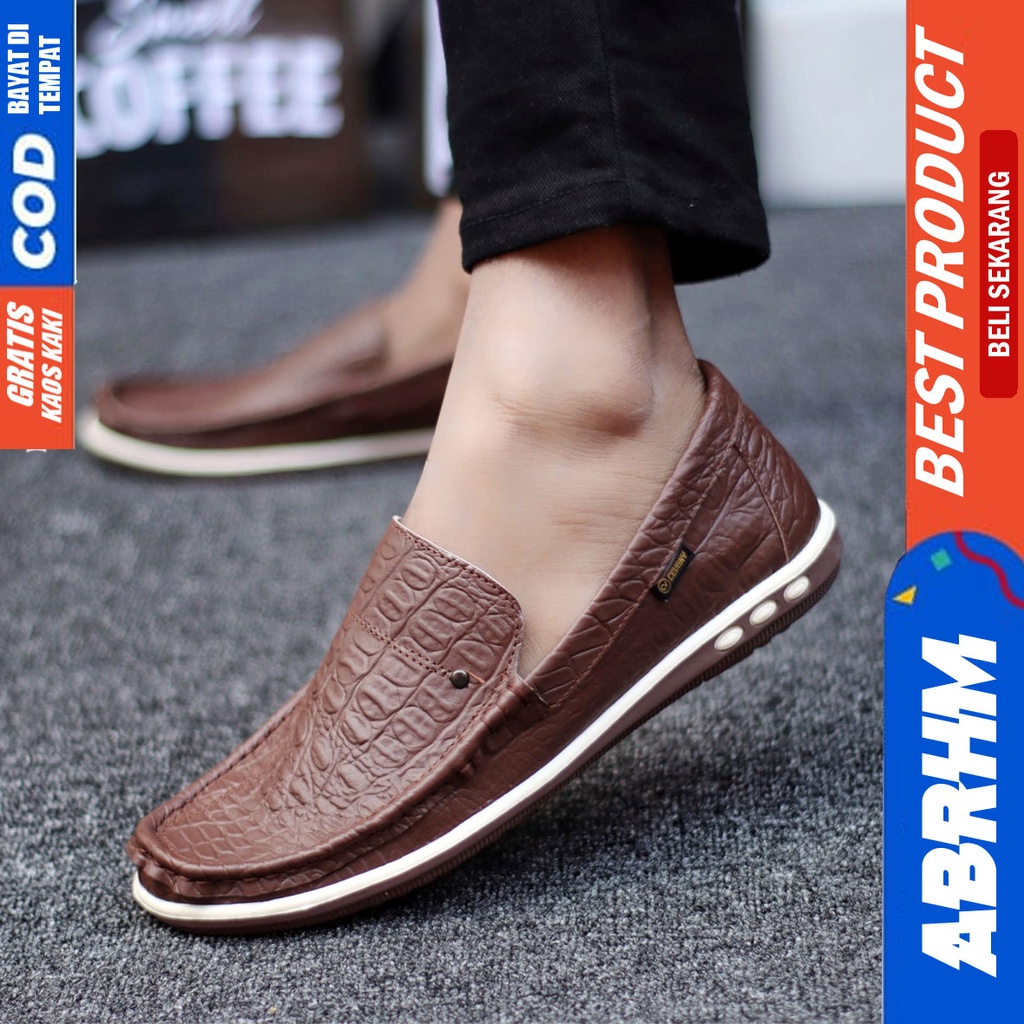 BRITANIC Sepatu Slip On Pria Kulit Asli Sepatu Pria Casual Pantofel Kulit Croco Sepatu Kasual Cowok / Cowo Kerja Kantor Kondangan Anti Slip Gaya Keren Kekinian