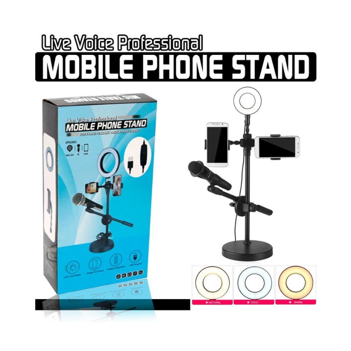 Selfie Halo Ring Light 4 in 1 With Stand Mic and 2x Smartphone Holder