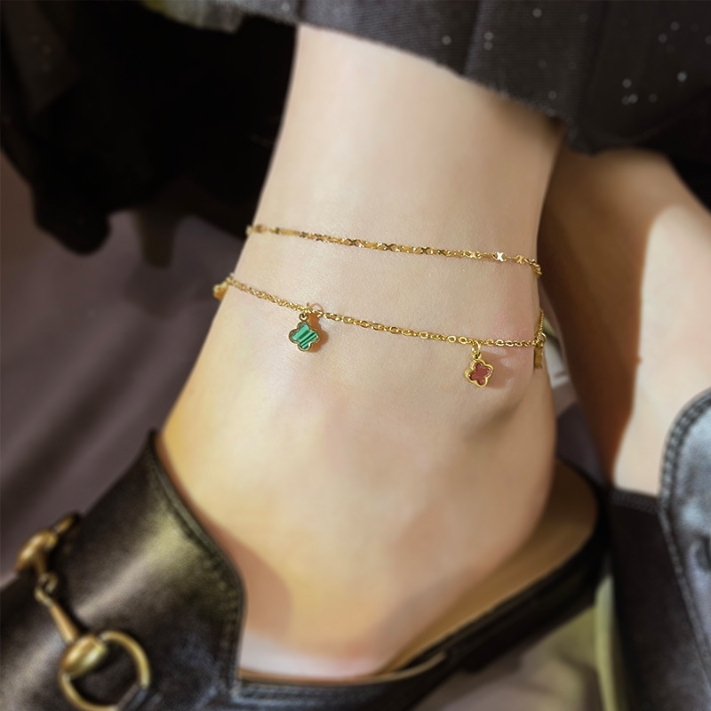 Gelang kaki dua layer lucky clover warna warni titanium anti karat harga grosir bisa COD