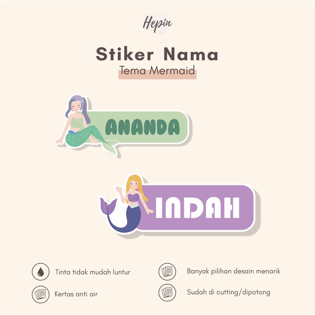 

(90 - 120 pcs) Murah Stiker nama MERMAID/ Stiker Nama Anak Murah / Label Nama Custom waterproff