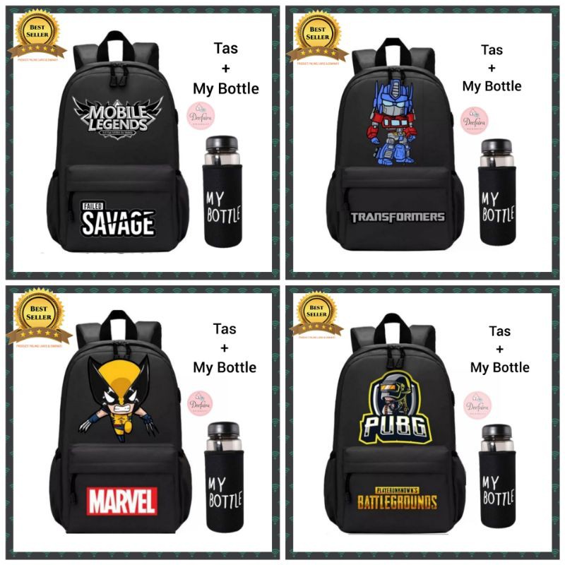 Tas Anak Laki Laki Ransel Sekolah SD SMP Backpack Superheros Plus My Bottle