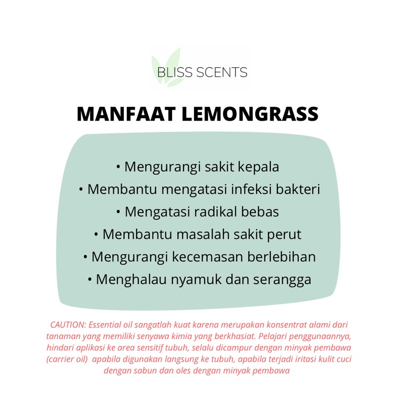 BLISS SCENTS Lemongrass Essential Oil 100% Murni Therapeutic Grade Aromatherapy Aromaterapi