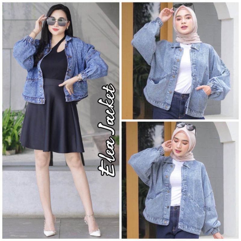 Elea Jacket Jeans Jaket Outer Atasan Wanita Outfit Remaja Ootd Hijab Kekinian Terlaris Termurah