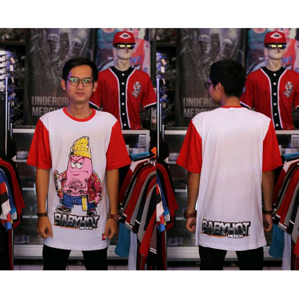 KAOS DISTRO SIMPLE PUTIH MERAH MOTIF SPONEBOB PATRIK BAJU WARNA PRIA