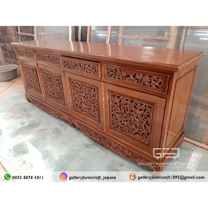 Bufet Hias Ukiran Palembang Kayu Jati 200cm