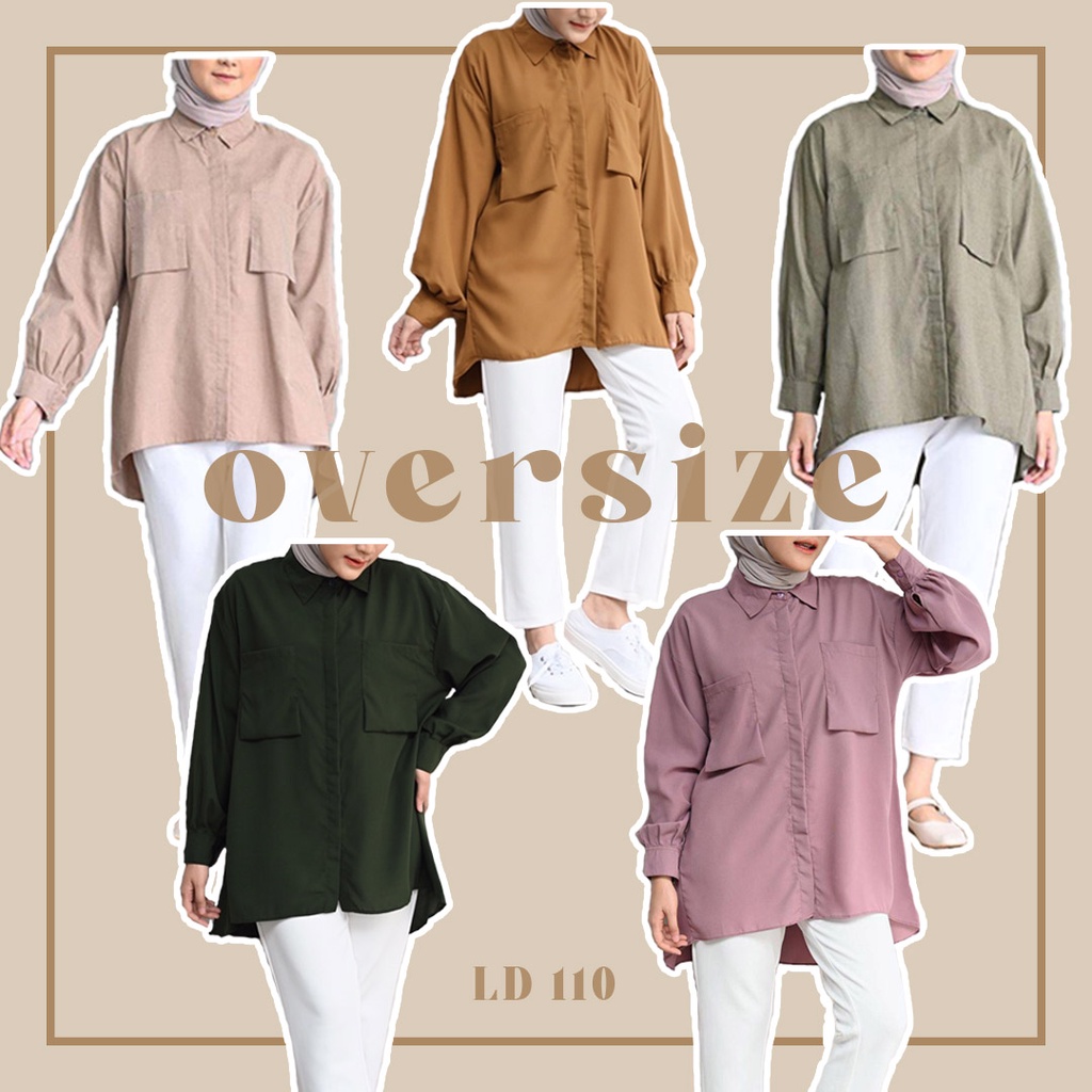 Kemeja kantong dua wanita lengan panjang polos oversize baju atasan kerja longgar hijab warna hitam 
