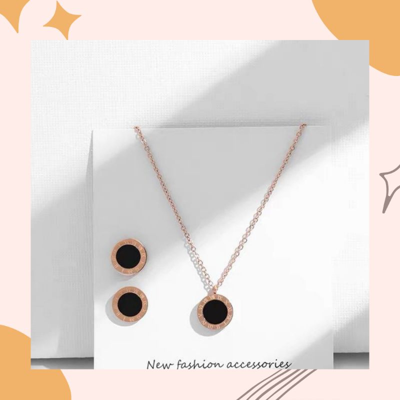 Set Kalung Anting Romawi Hitam Putih Rosegold Perhiasan Titanium Anti Karat Korea Import Lapis Emas