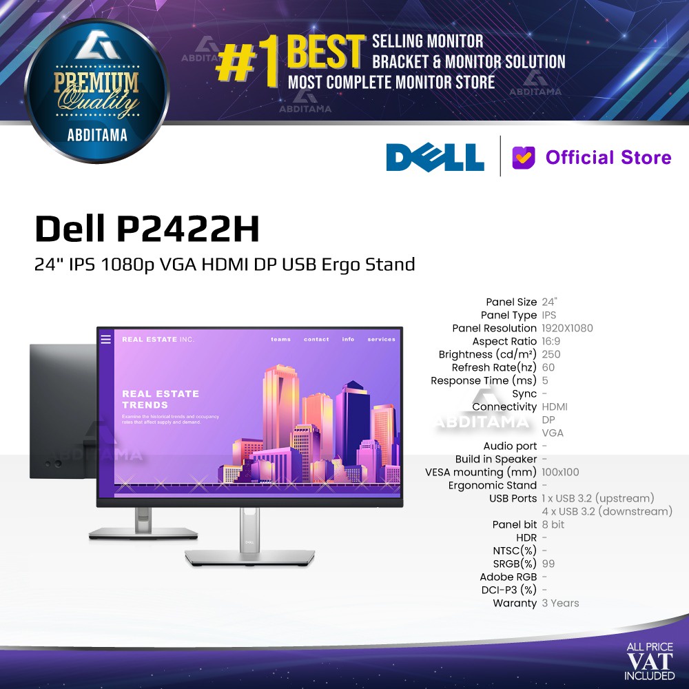 Monitor LED Dell P2422H 24&quot; IPS 1080p VGA HDMI DP USB Ergo Stand