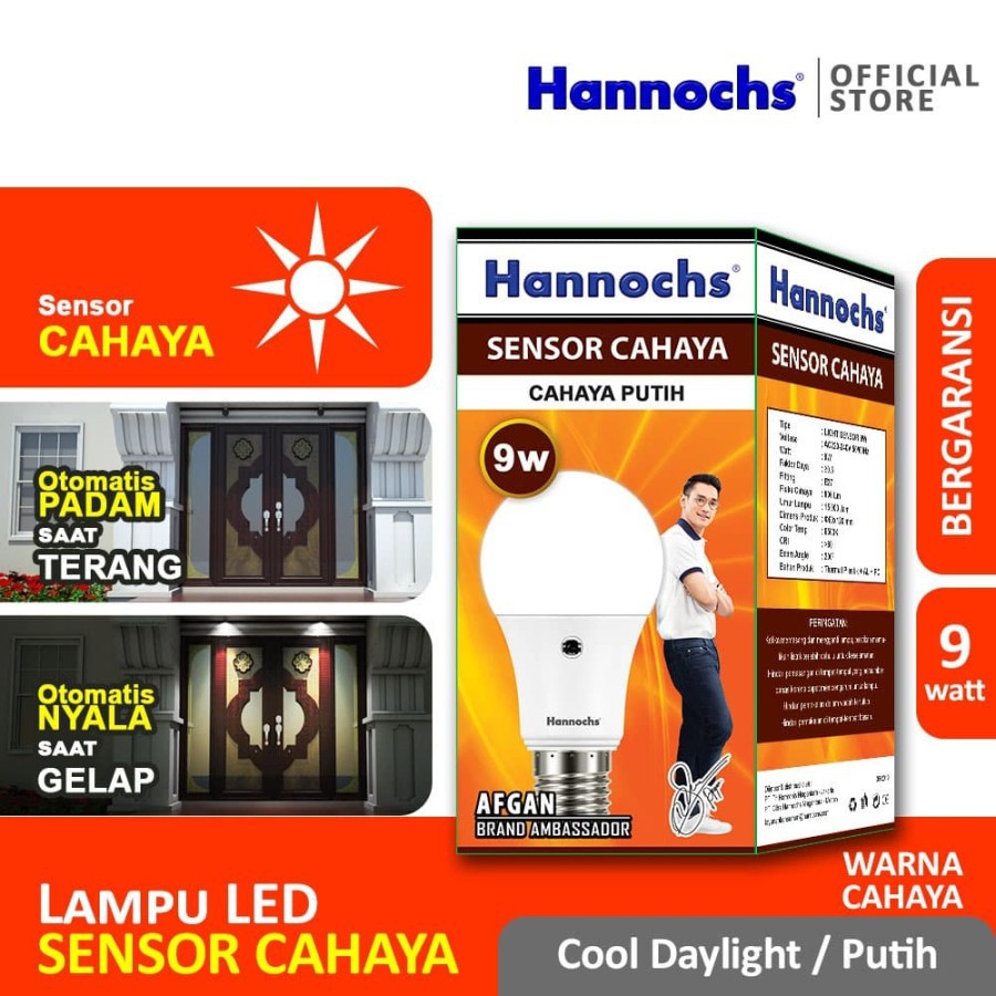 Lampu LED Hannochs Sensor cahaya 9w 9 watt menyala otomatis malam