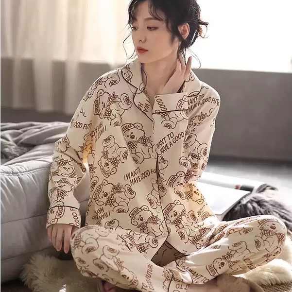 Baju tidur lengan panjang Piyama wanita pp import krah korean style-PP.K LOVE BEAR CREAM