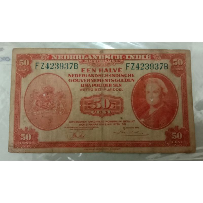 Uang Kertas Kuno 50 Cent Nica Tahun 1942 Fine